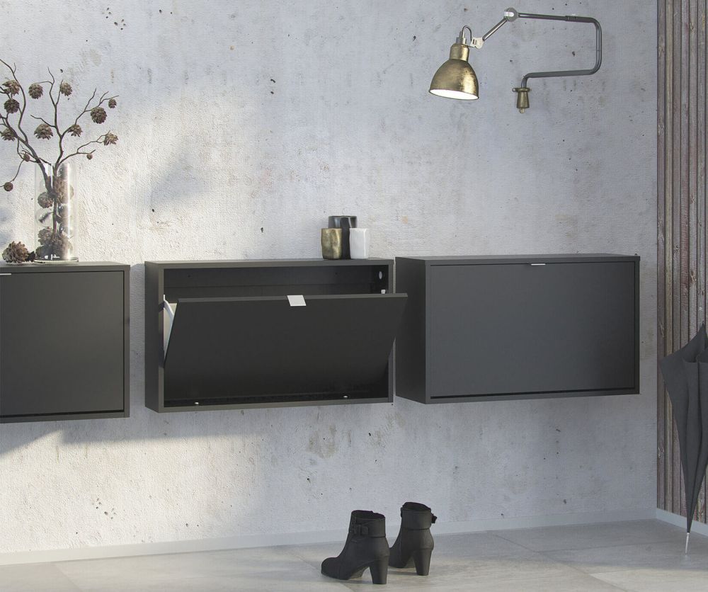 FTG Shoes Matt Black Shoe Cabinet W. 1 Tilting Door and 2 Layer