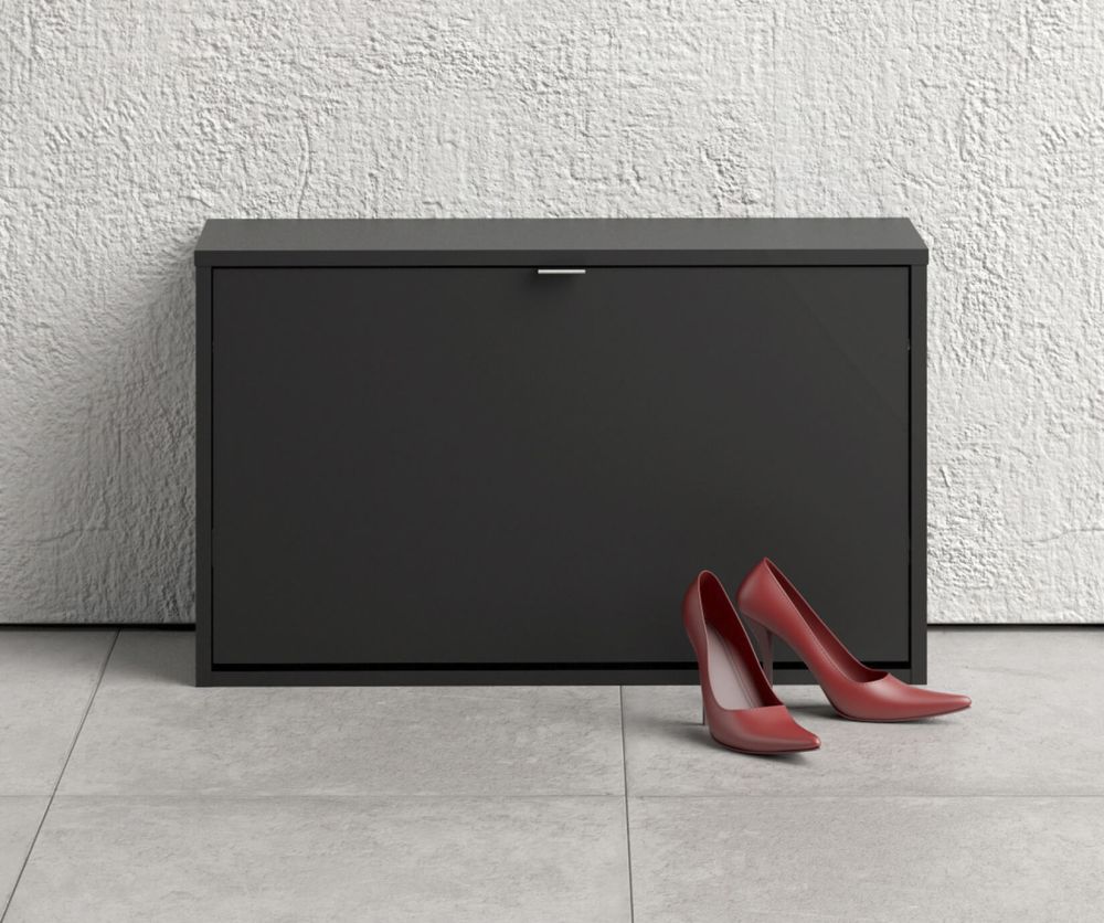 FTG Shoes Matt Black Shoe Cabinet W. 1 Tilting Door and 2 Layer