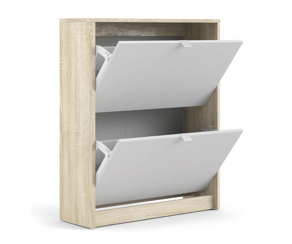 FTG Shoes White and Oak Shoe Cabinet W. 2 Tilting Door and 2 Layer
