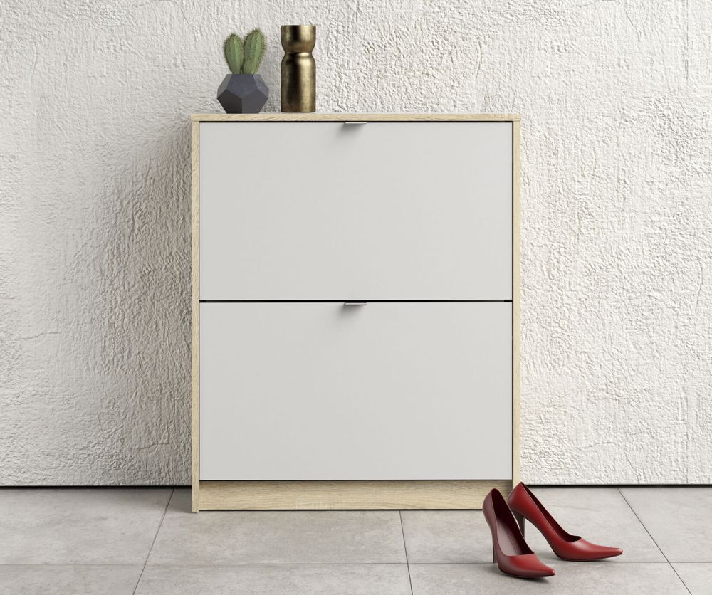 FTG Shoes White and Oak Shoe Cabinet W. 2 Tilting Door and 2 Layer