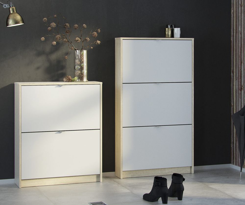 FTG Shoes White and Oak Shoe Cabinet W. 2 Tilting Door and 2 Layer