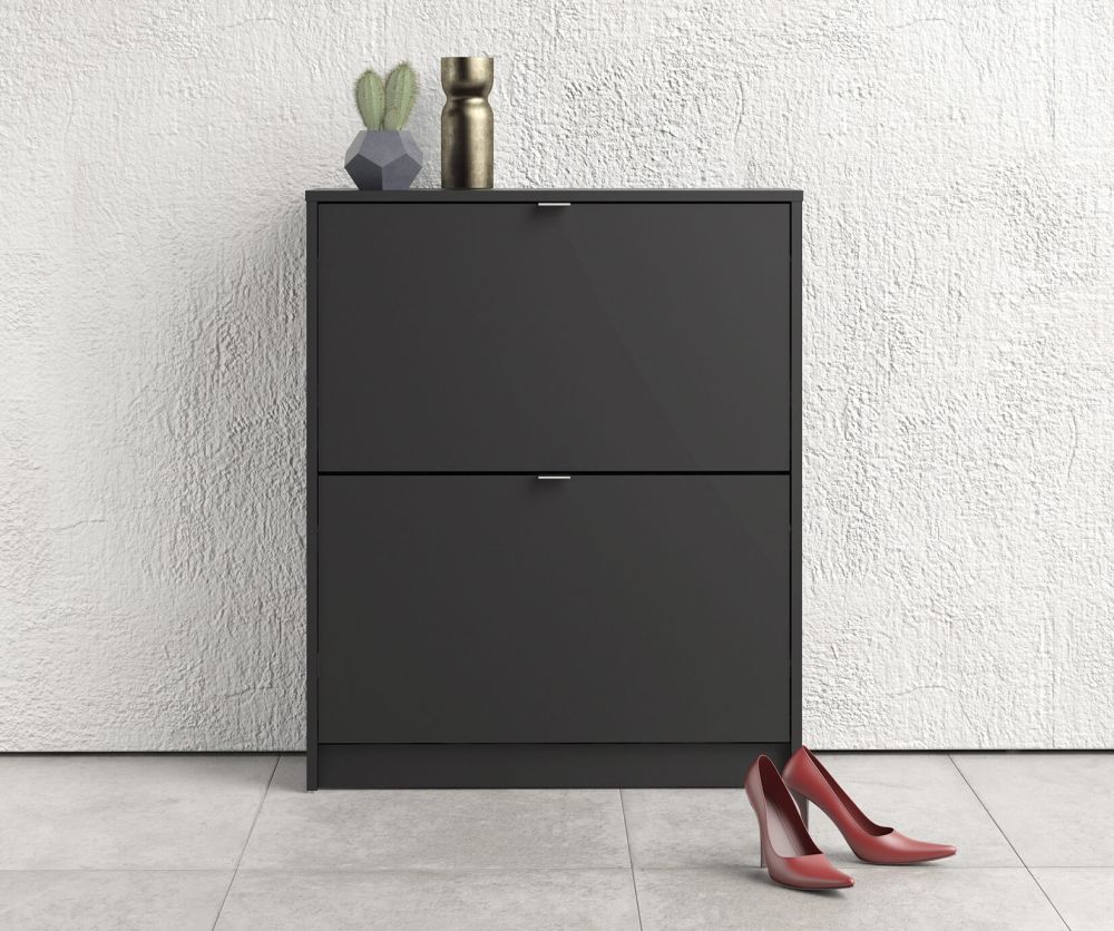 FTG Shoes Matt Black Shoe Cabinet W. 2 Tilting Door and 2 Layer