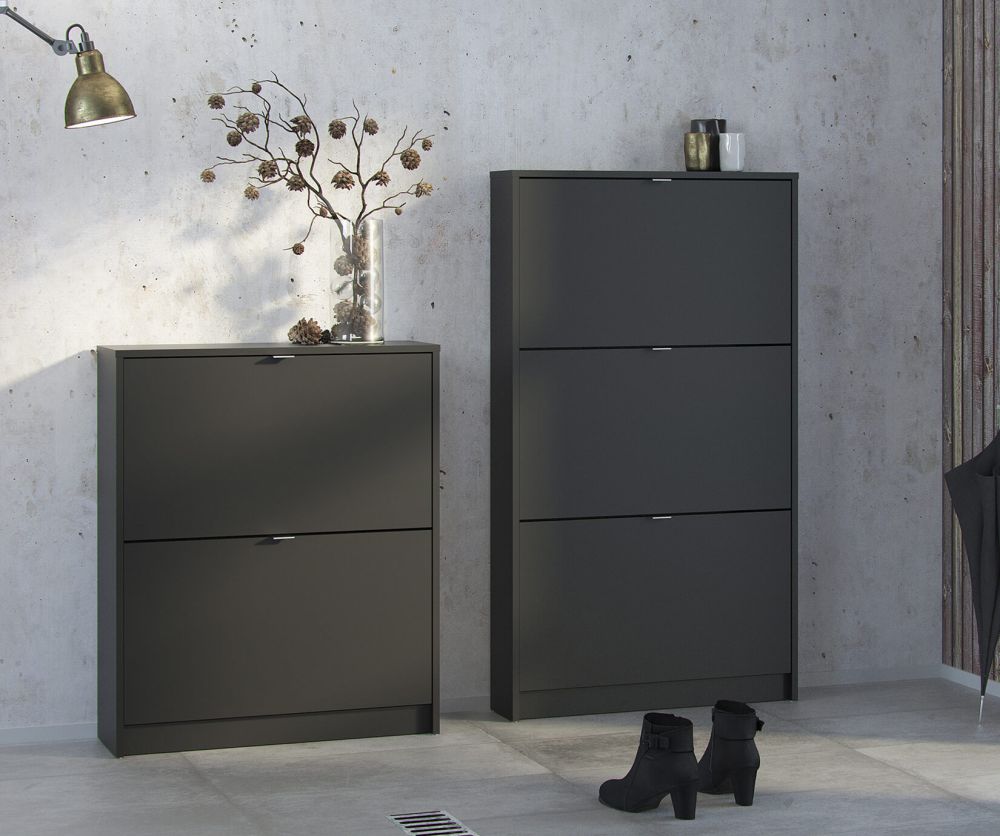 FTG Shoes Matt Black Shoe Cabinet W. 2 Tilting Door and 2 Layer