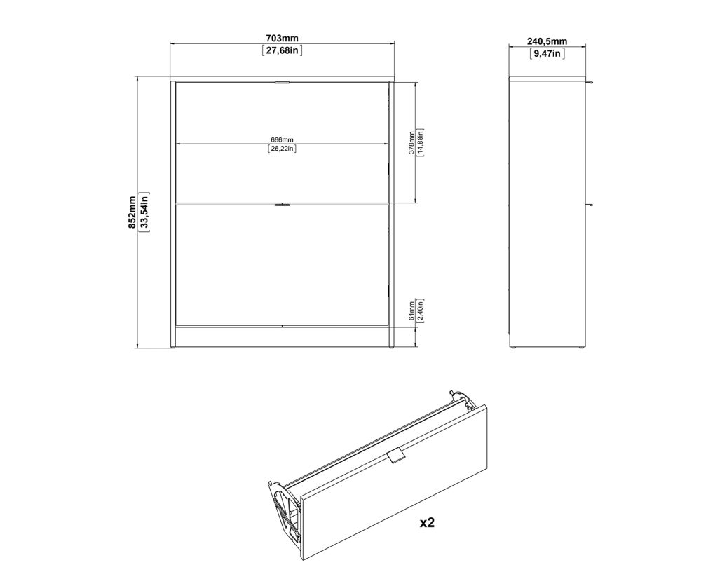 FTG Shoes Matt Black Shoe Cabinet W. 2 Tilting Door and 2 Layer