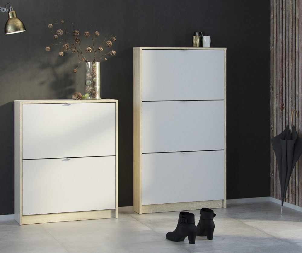 FTG Shoes White and Oak Shoe Cabinet W. 3 Tilting Door and 2 Layer