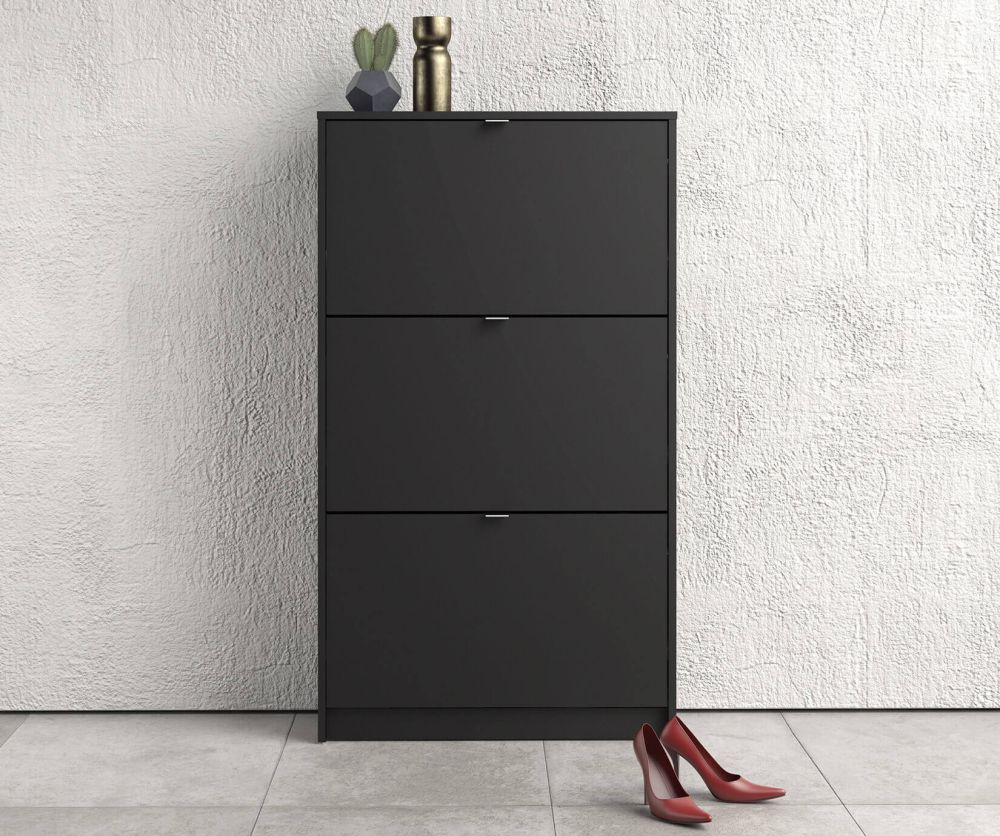 FTG Shoes Matt Black Shoe Cabinet W. 3 Tilting Door and 2 Layer