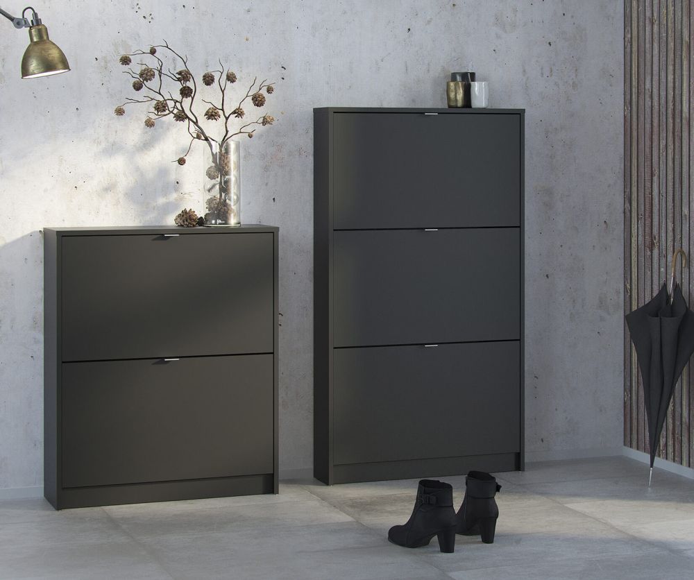 FTG Shoes Matt Black Shoe Cabinet W. 3 Tilting Door and 2 Layer