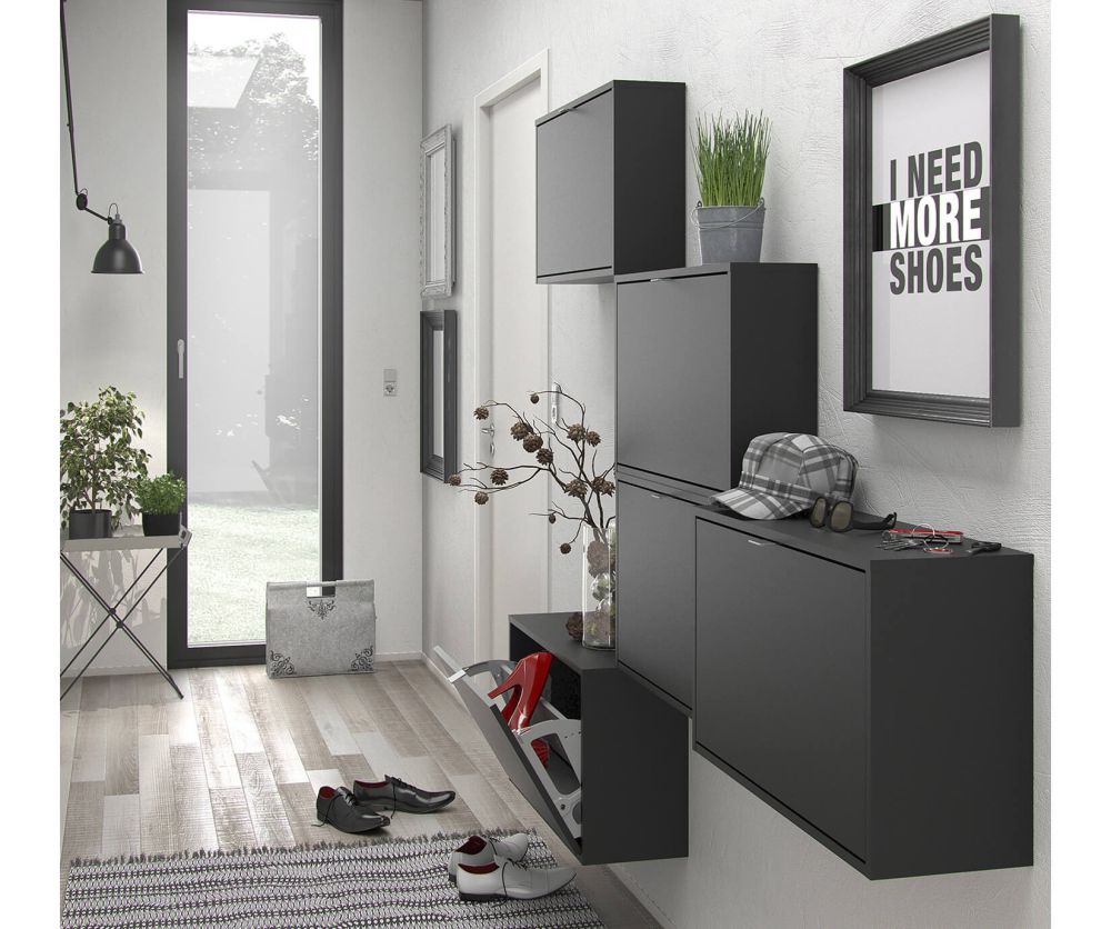 FTG Shoes Matt Black Shoe Cabinet W. 3 Tilting Door and 2 Layer