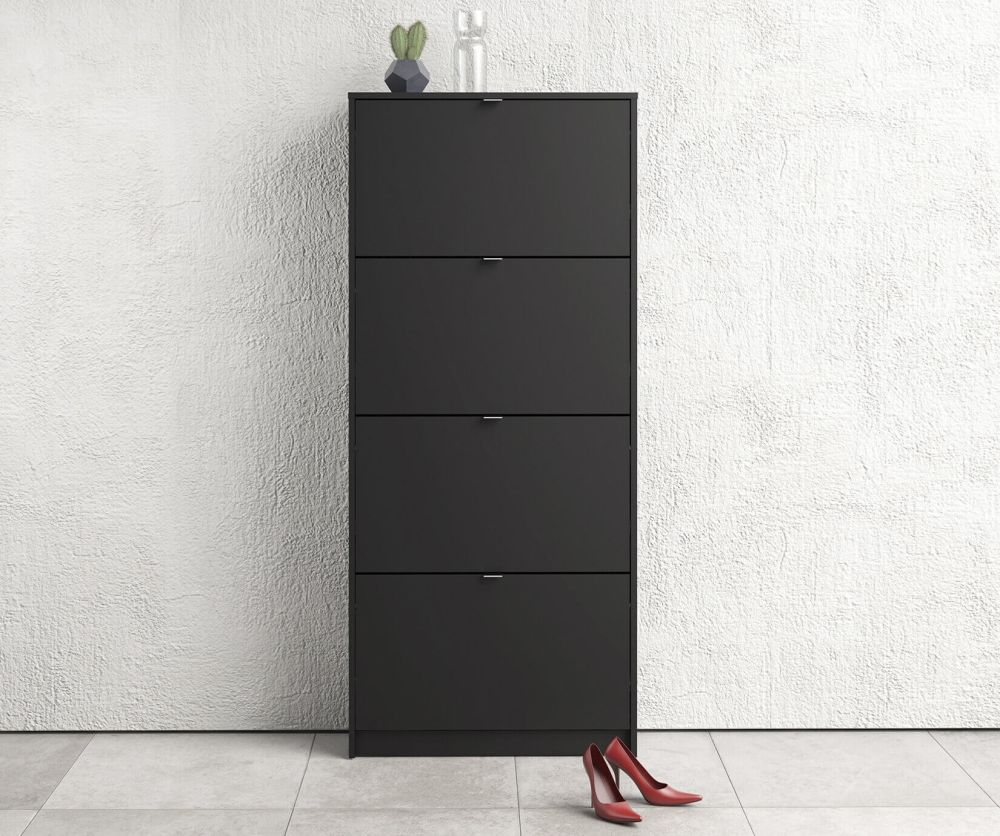 FTG Shoes Matt Black Shoe Cabinet W. 4 Tilting Door and 2 Layer