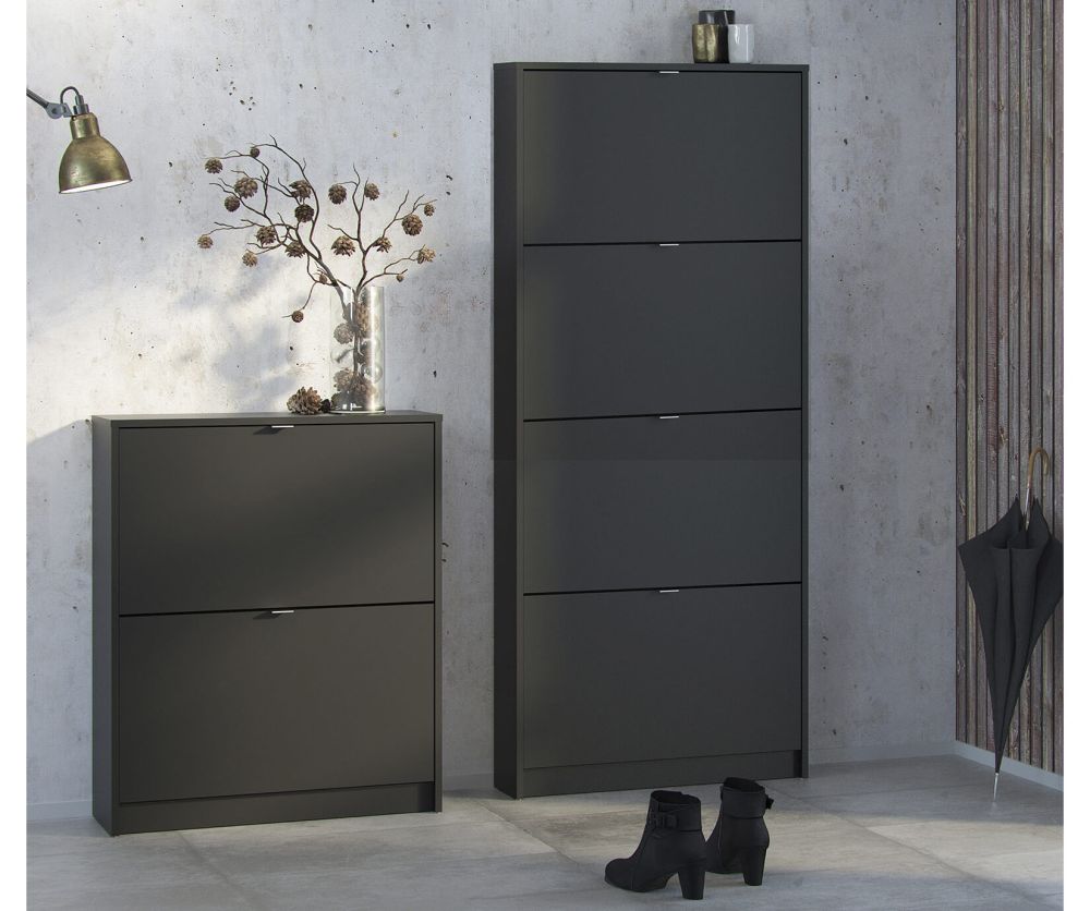 FTG Shoes Matt Black Shoe Cabinet W. 4 Tilting Door and 2 Layer