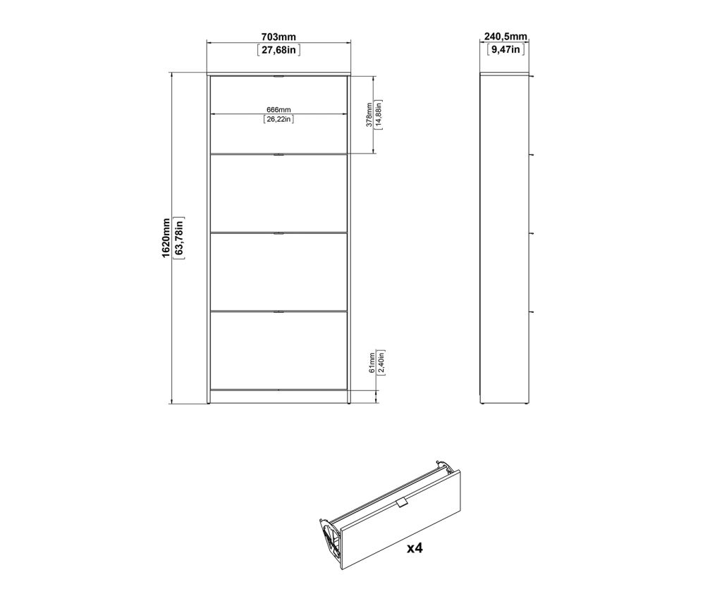 FTG Shoes Matt Black Shoe Cabinet W. 4 Tilting Door and 2 Layer