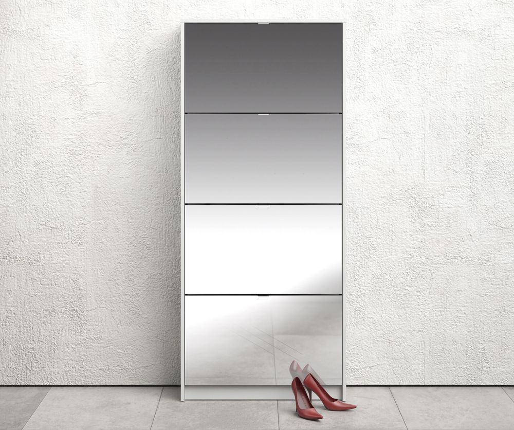 FTG Shoes White Shoe Cabinet W. 4 Mirror Tilting Door and 2 Layers