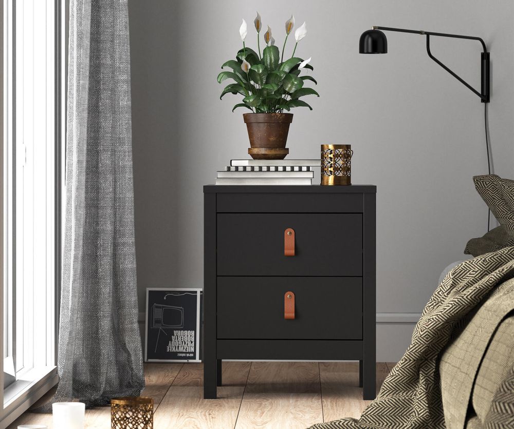 FTG Barcelona Matt Black 2 Drawer Bedside Table
