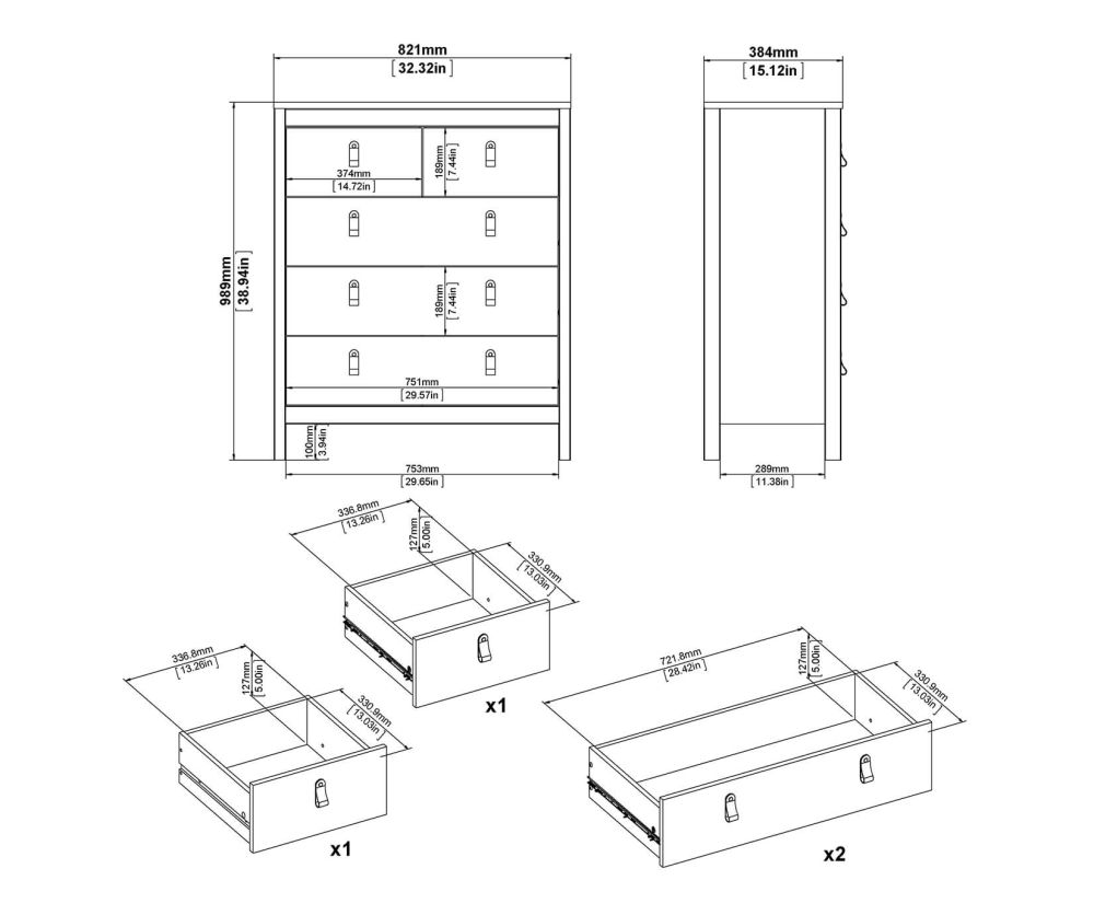 FTG Barcelona Matt Black 3 + 2 Drawer Chest