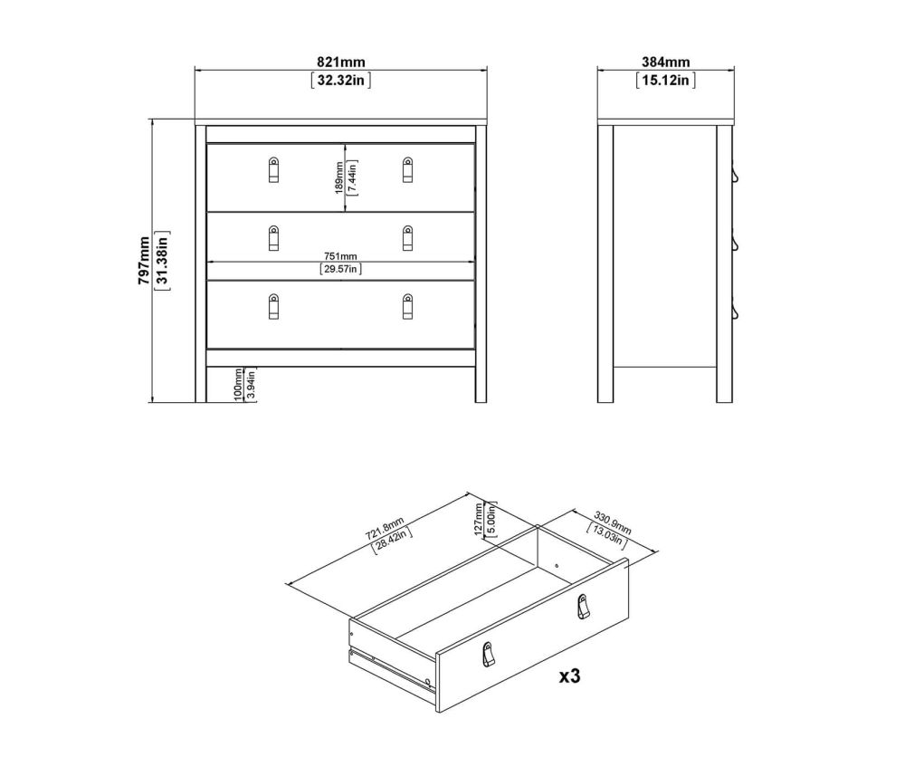 FTG Barcelona White 3 Drawer Chest