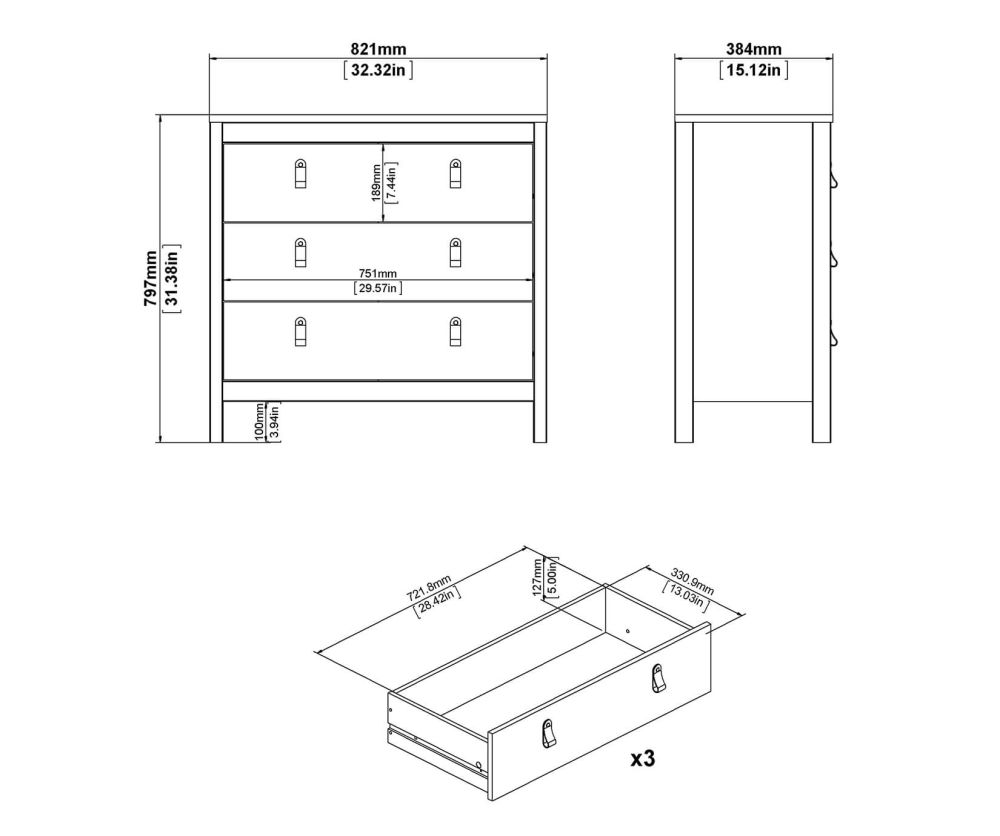 FTG Barcelona Matt Black 3 Drawer Chest