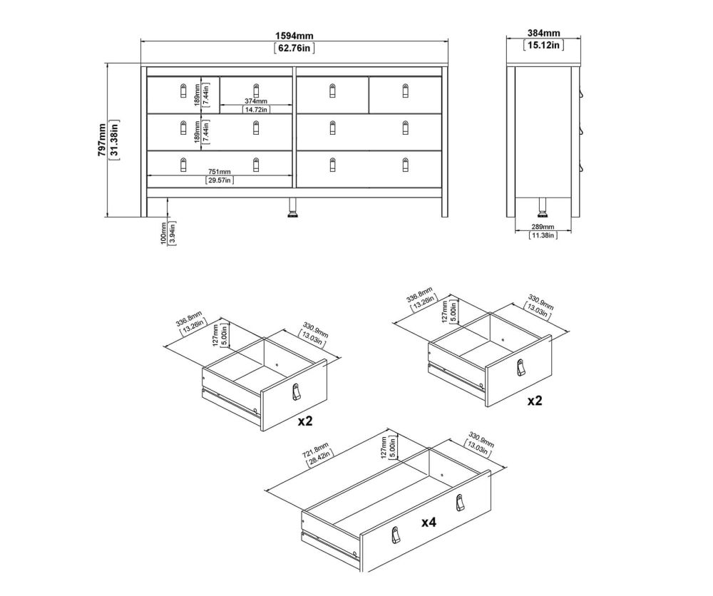 FTG Barcelona White 4 + 4 Drawer Double Dresser