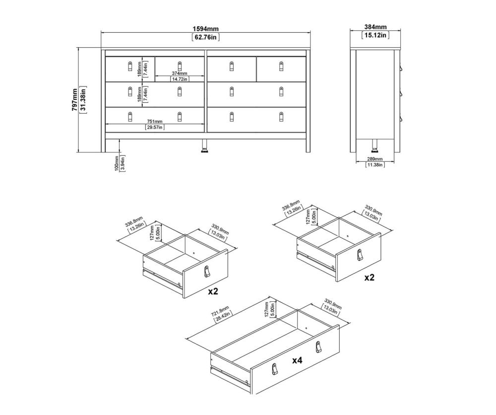 FTG Barcelona Matt Black 4 + 4 Drawer Double Dresser