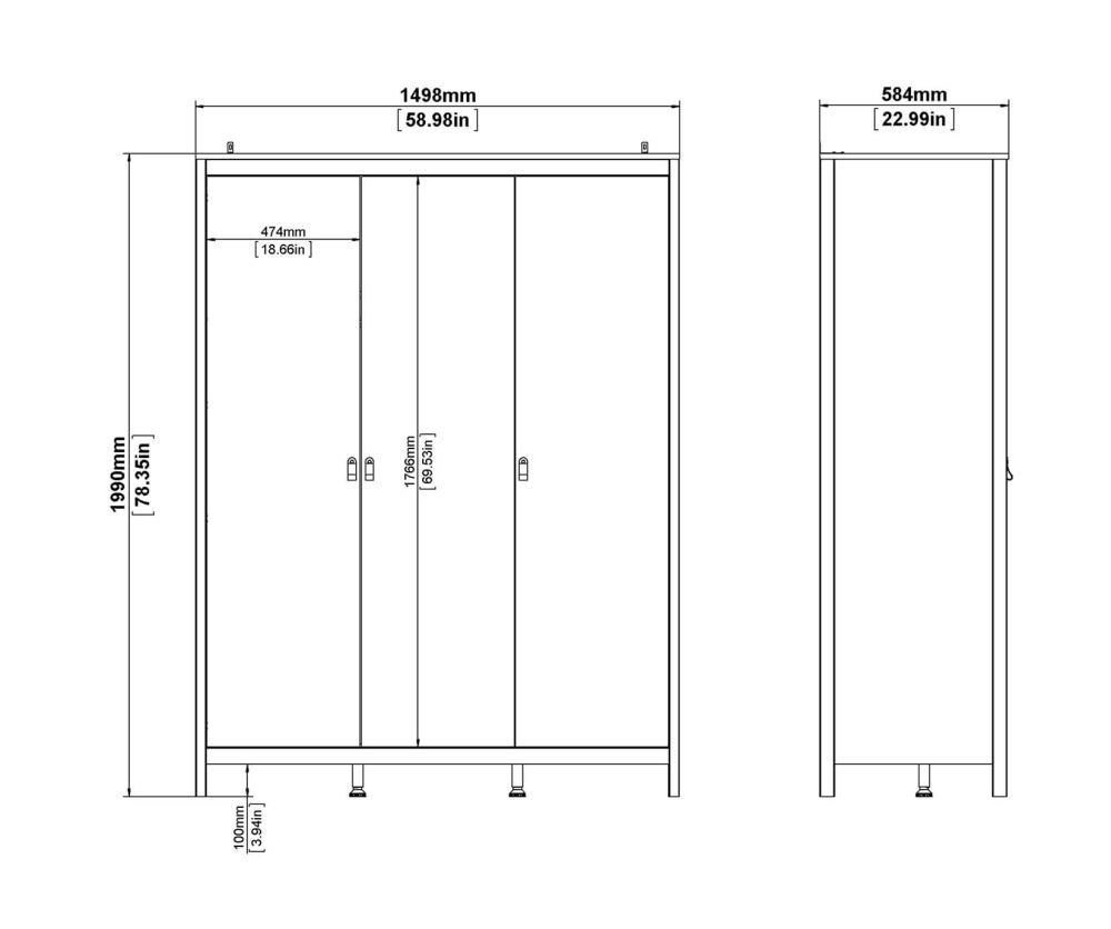 FTG Barcelona Matt Black 3 Door Wardrobe