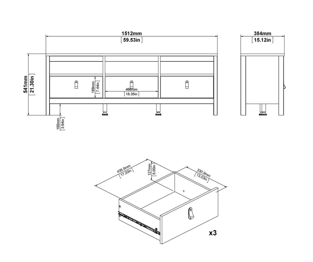 FTG Barcelona Matt Black 3 Drawer TV Unit