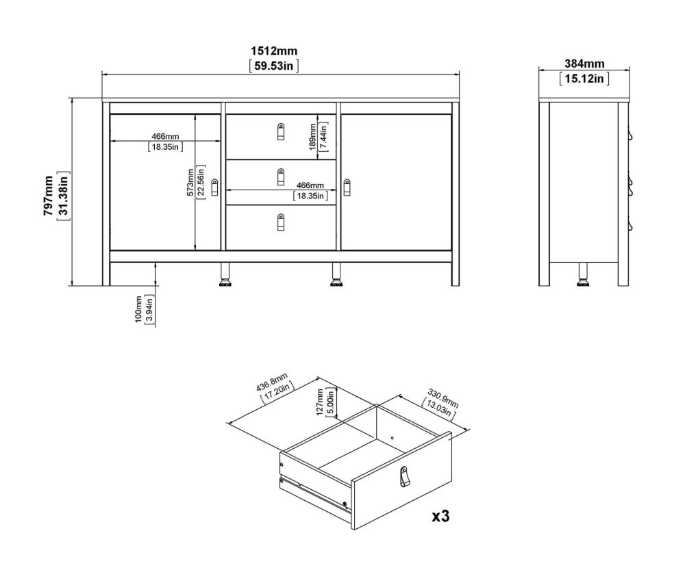 FTG Barcelona White 2 Door 3 Drawer Sideboard