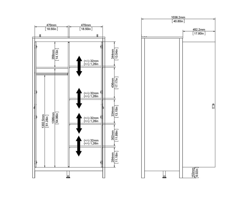 FTG Barcelona Matt Black 2 Door Wardrobe