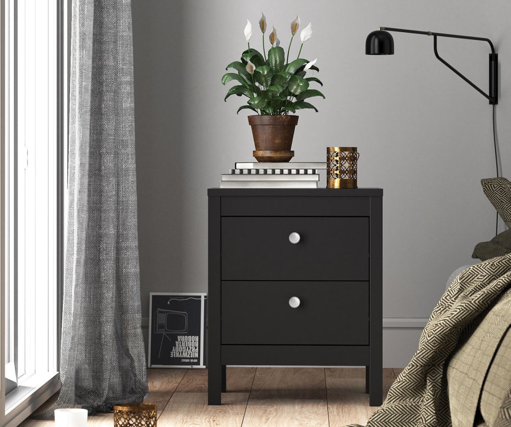 FTG Madrid Matt Black 2 Drawer Bedside Table