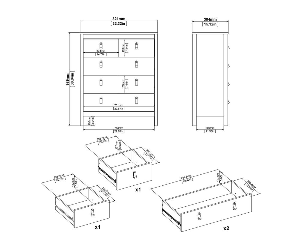 FTG Madrid Matt Black 3 + 2 Drawer Chest