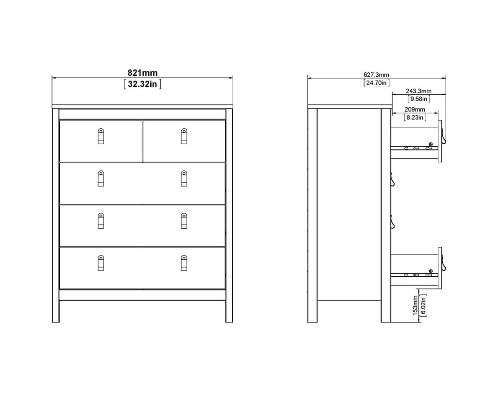 FTG Madrid Matt Black 3 + 2 Drawer Chest