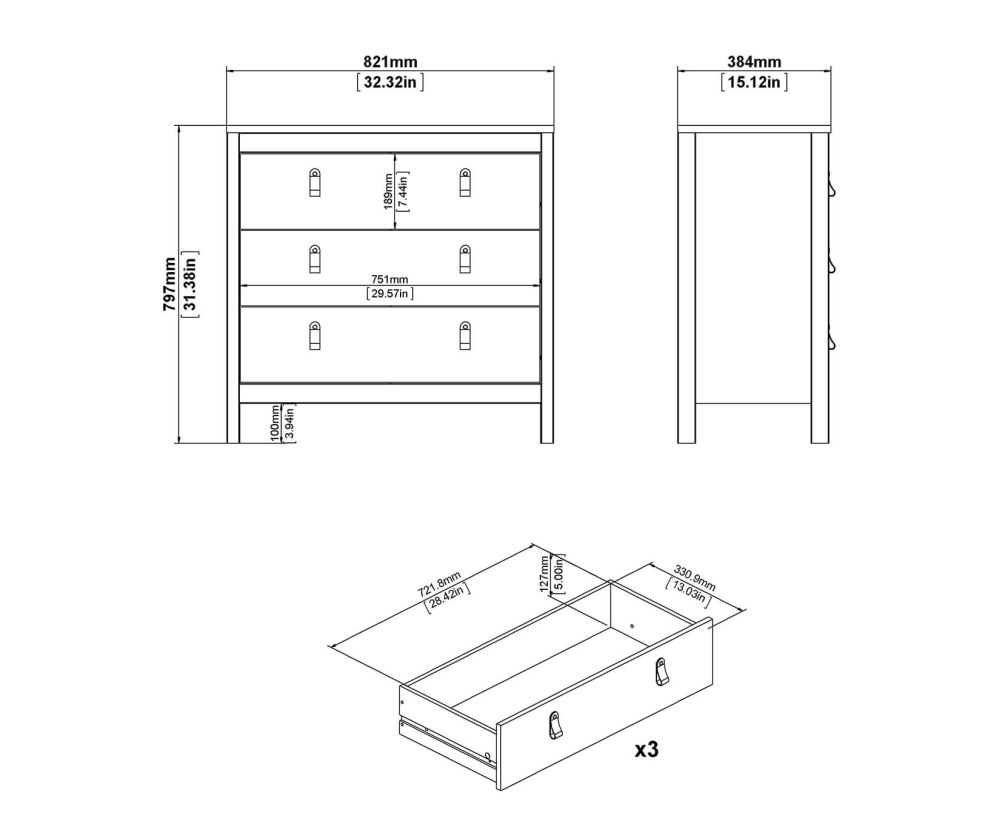 FTG Madrid White 3 Drawer Chest