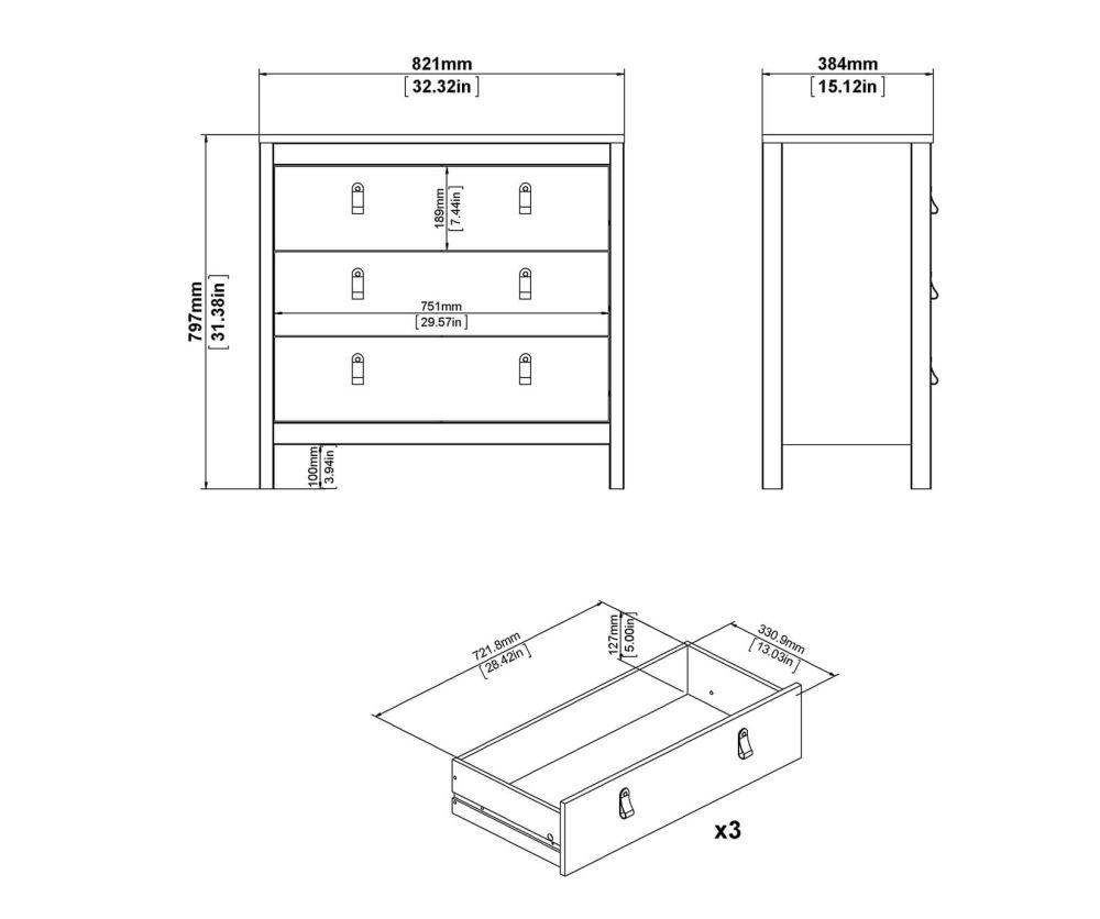 FTG Madrid Matt Black 3 Drawer Chest