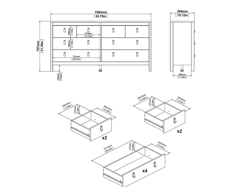 FTG Madrid White 4 + 4 Drawer Double Dresser