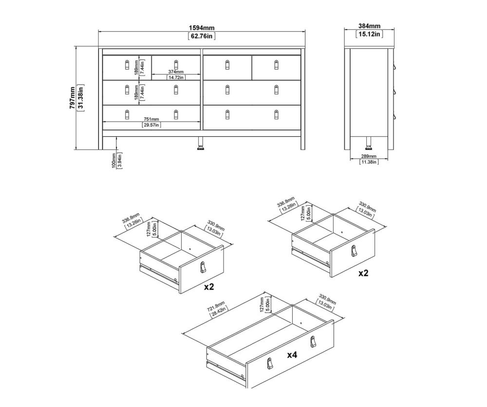 FTG Madrid Matt Black 4 + 4 Drawer Double Dresser