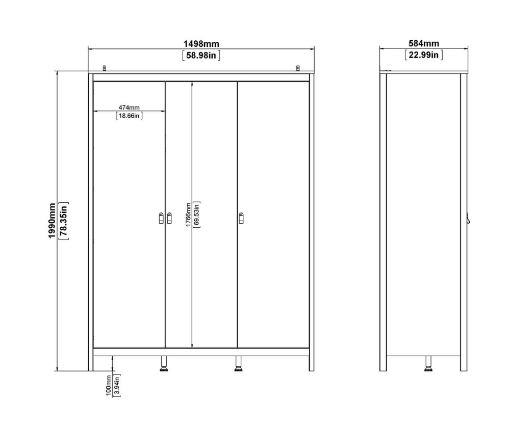 FTG Madrid Matt Black 3 Door Wardrobe