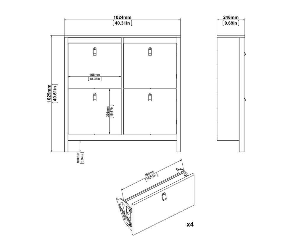 FTG Madrid Matt Black 4 Compartment Shoe Cabinet