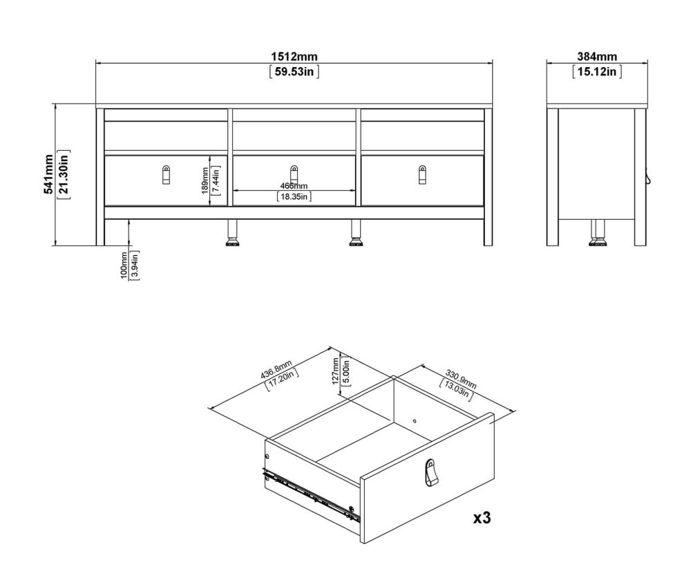FTG Madrid Matt Black 3 Drawer TV Unit
