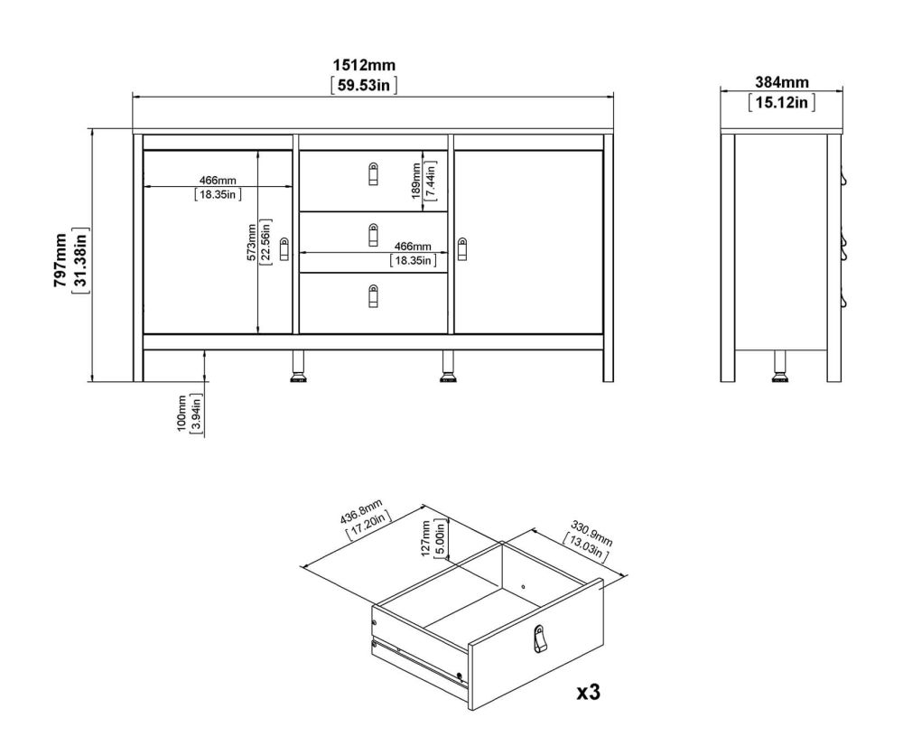 FTG Madrid White 2 Door 3 Drawer Sideboard