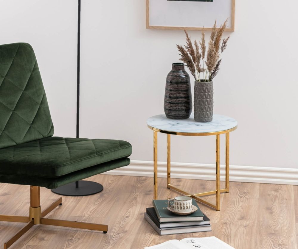 Alisma Round Side Table with White Marble Effect Top
