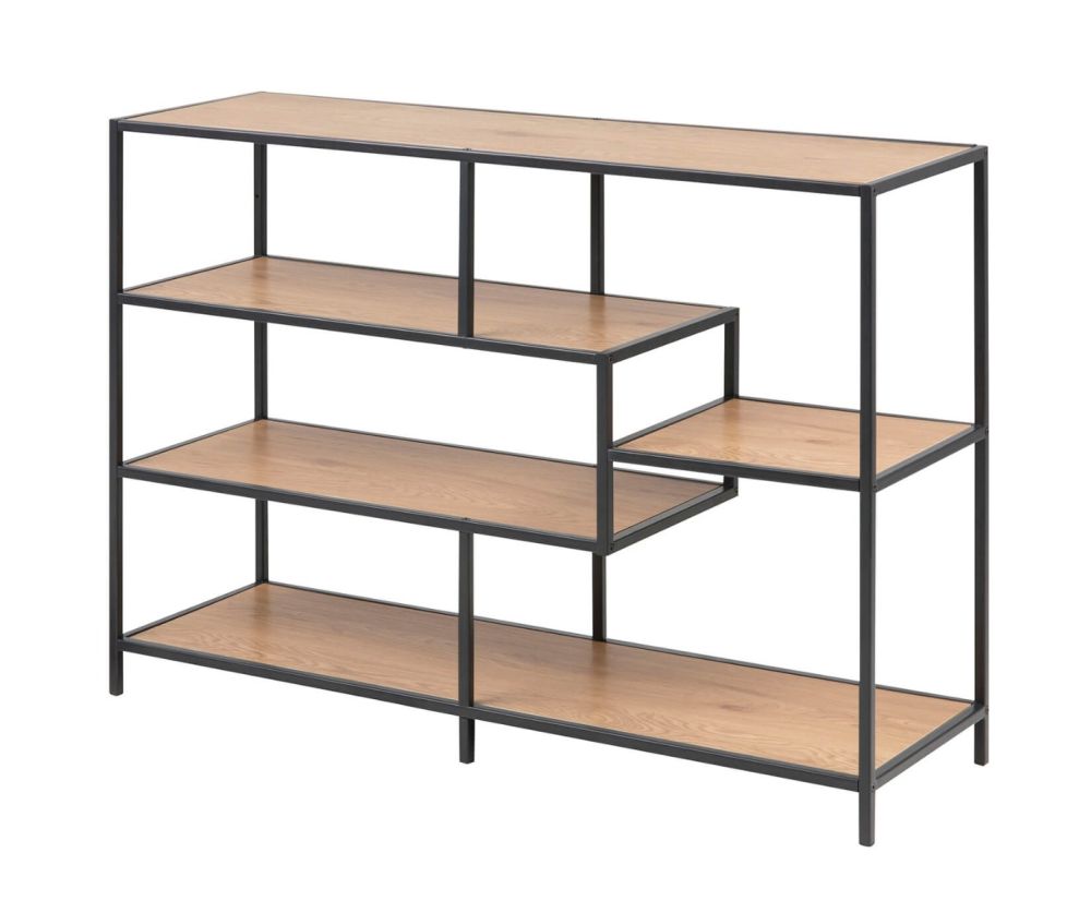 Seaford Wide Black Metal Bookcase with 4 Oak Shelves