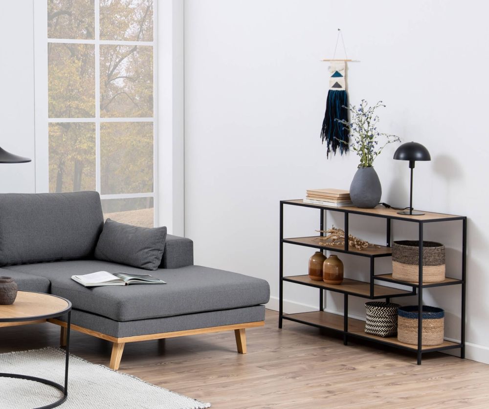 Seaford Wide Black Metal Bookcase with 4 Oak Shelves