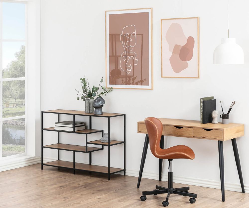 Seaford Wide Black Metal Bookcase with 4 Oak Shelves