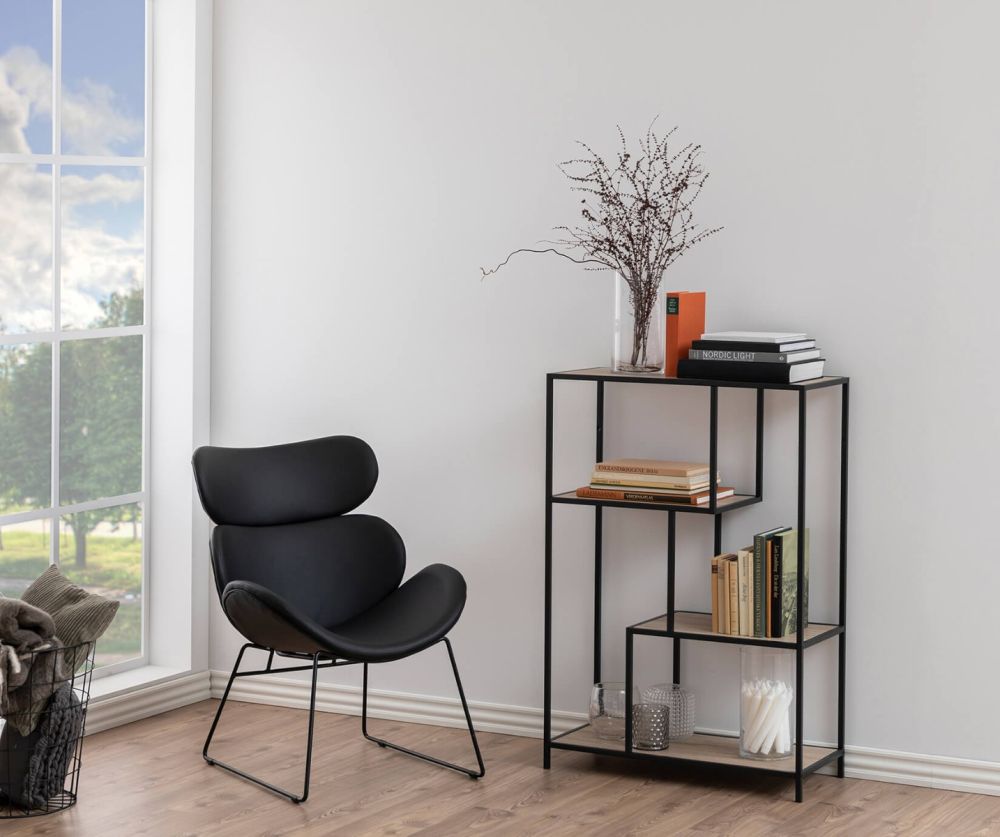 Seaford Black Metal Asymmetrical Bookcase with 3 Oak Shelves