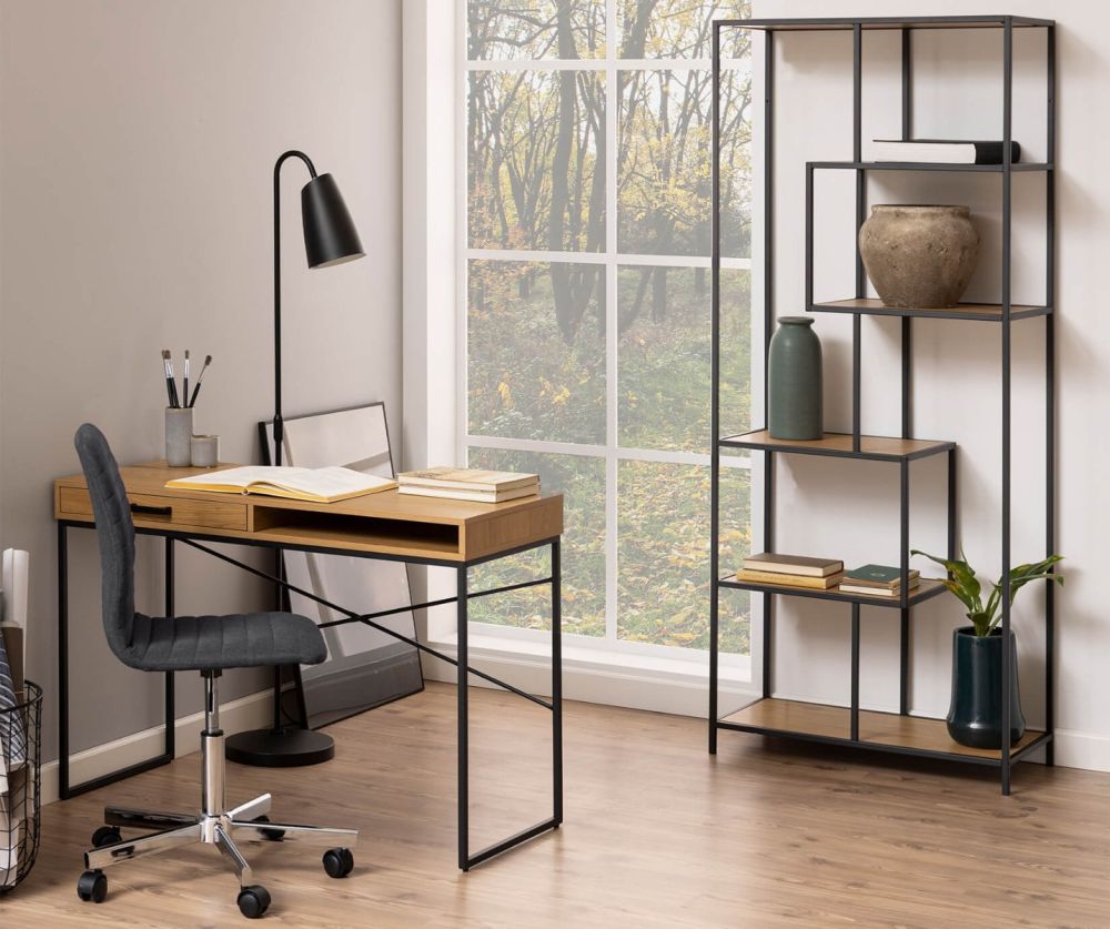 Seaford Tall Black Metal Bookcase with 5 Oak Shelves