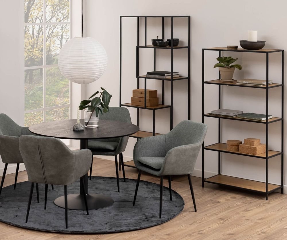 Seaford Tall Black Metal Bookcase with 5 Oak Shelves