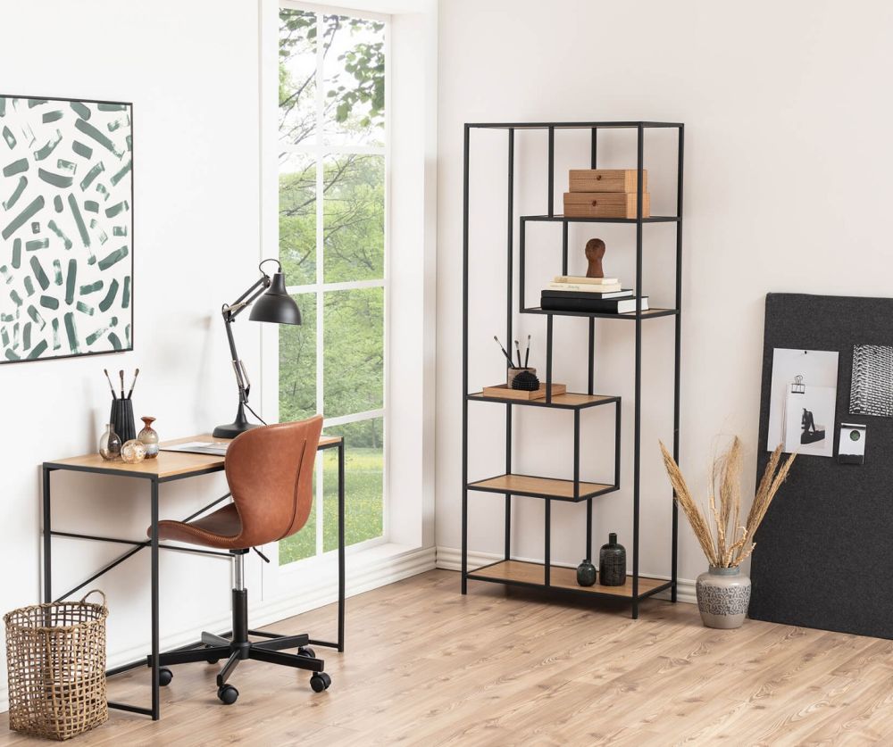 Seaford Tall Black Metal Bookcase with 5 Oak Shelves