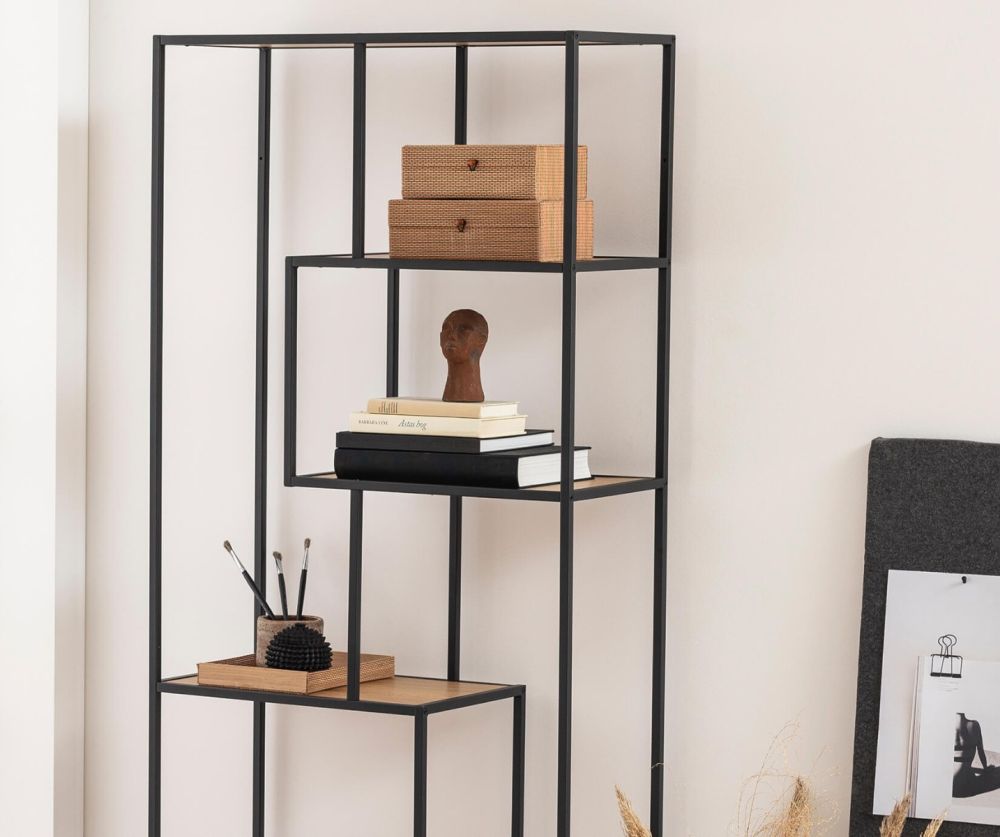 Seaford Tall Black Metal Bookcase with 5 Oak Shelves