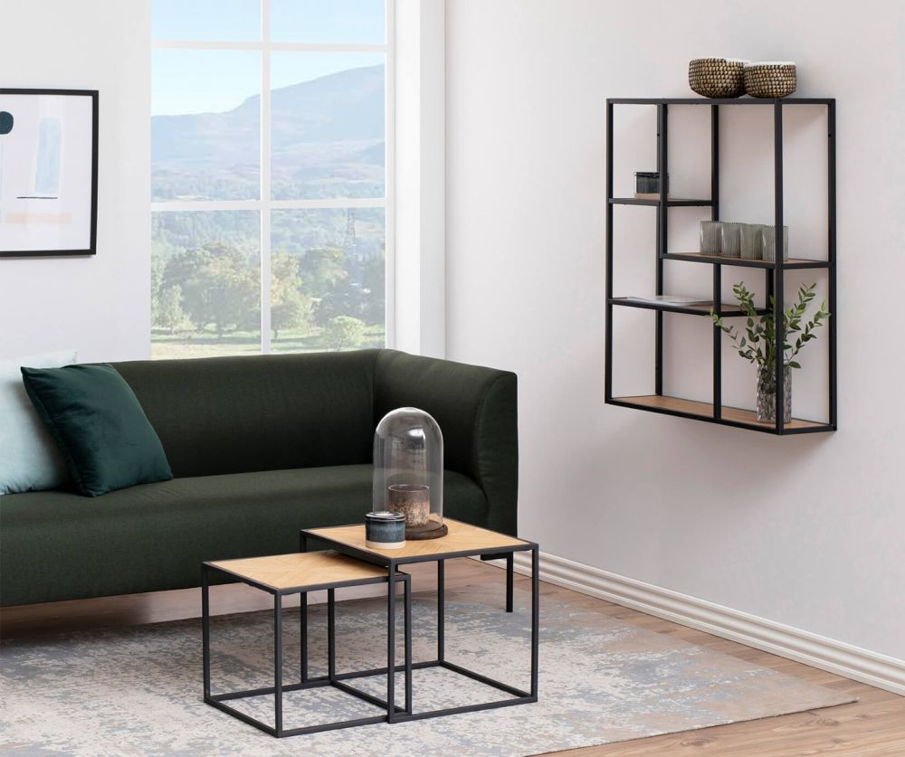 Seaford Black Metal Wide Wall Shelf with 3 Additional Oak Shelves