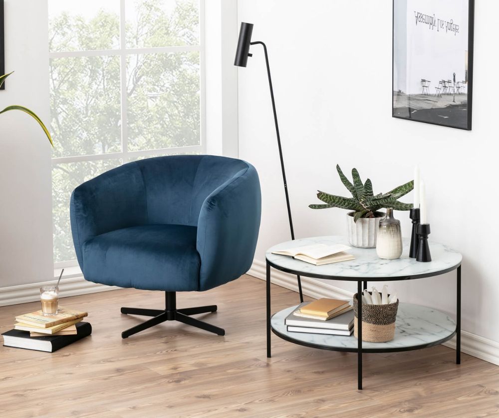 Alisma Round Coffee Table with Marble Effect Top And Black Legs