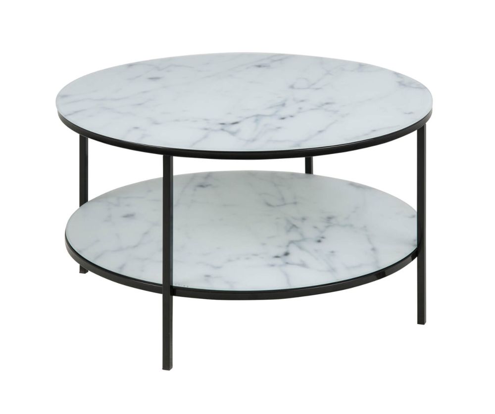 Alisma Round Coffee Table with Marble Effect Top And Black Legs