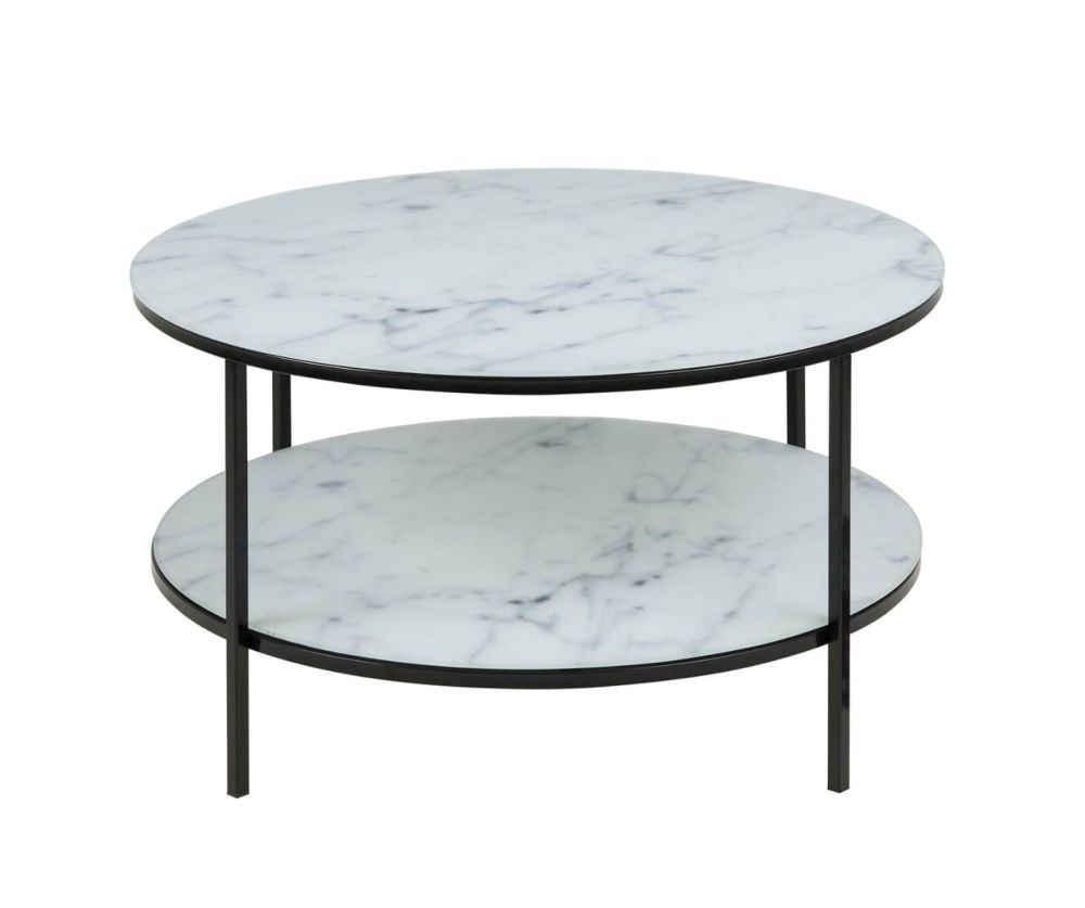 Alisma Round Coffee Table with Marble Effect Top And Black Legs
